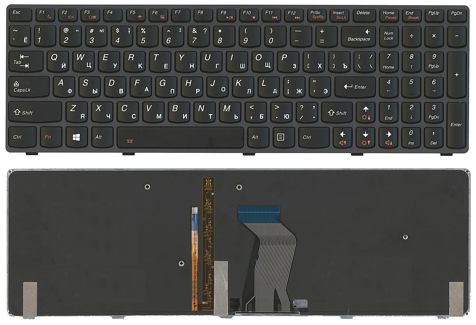 Клавиатура для ноутбука Lenovo IdeaPad Y580 черная с черной рамкой с подсветкой