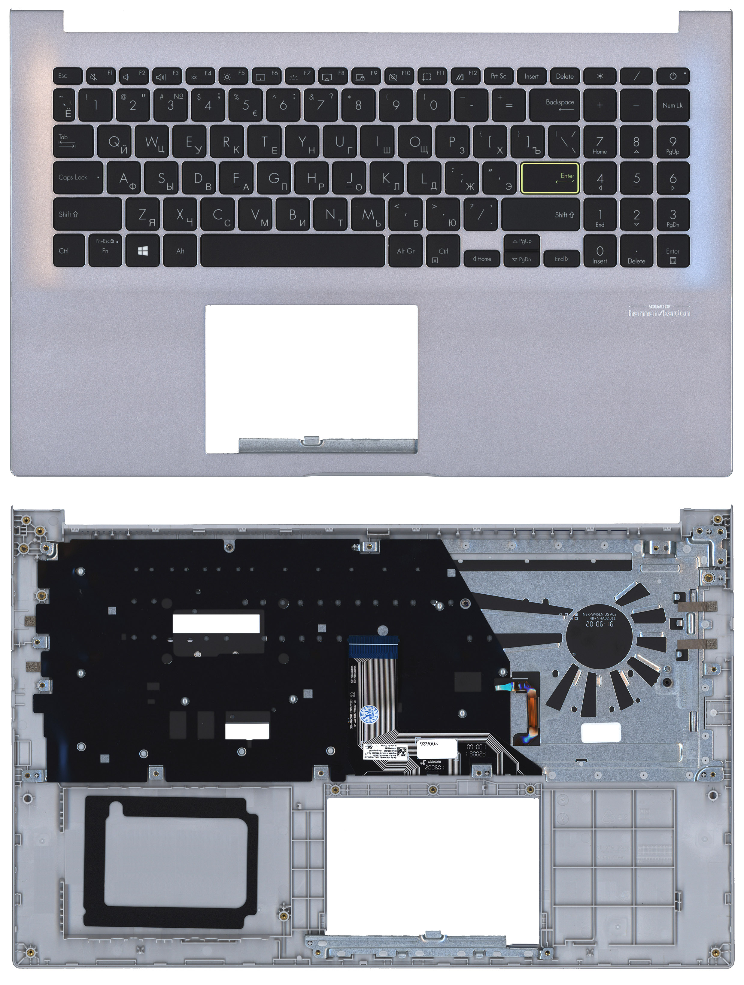 Топкейс для Asus Vivobook F513E серебристый, кнопки черные с подсветкой