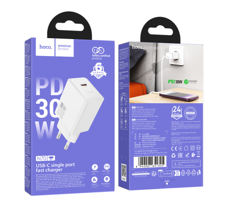 Блок питания (сетевой адаптер) HOCO N70 Nuevo 1xUSB-C, 30W белый
